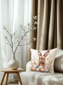 1pc Easter Rabbit & Egg Pattern Soft & Comfortable Single Sided Printed Pillow Case (Pillow Insert Not Included), Suitable For Bedroom, Living Room, Sofa, Party Decoration - Multicolor - View 3