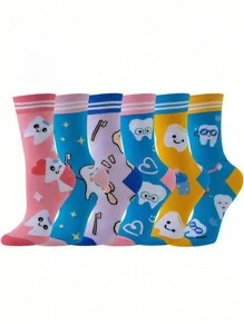 3 Pairs Cartoon Tooth Pattern Mid-Calf Socks For Women, Random Assortment - Multicolor - View 4