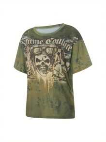 Women Vintage Oversized T Shirts Y2k Fairy Grunge Gothic Crew Neck Short Sleeve Graphic Printed Tees Skull Print Summer Loose Pullover Tops Streetwear Baggy Blouse Harajuku Aesthetic Clothes 2000s - 綠色 - 查看 4