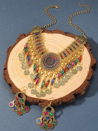 Juego de joyería de collar y aretes de estilo vintage de palacio con colores mixtos, adecuado para banquetes, fiestas, viajes, accesorios de ropa, regalo