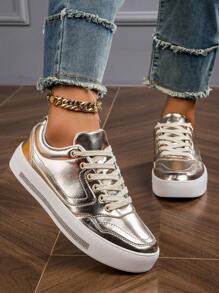 2024 新款防滑、耐用、缓冲、舒适、贴合的时尚白色女士滑板运动鞋 - 金色 - 查看 4