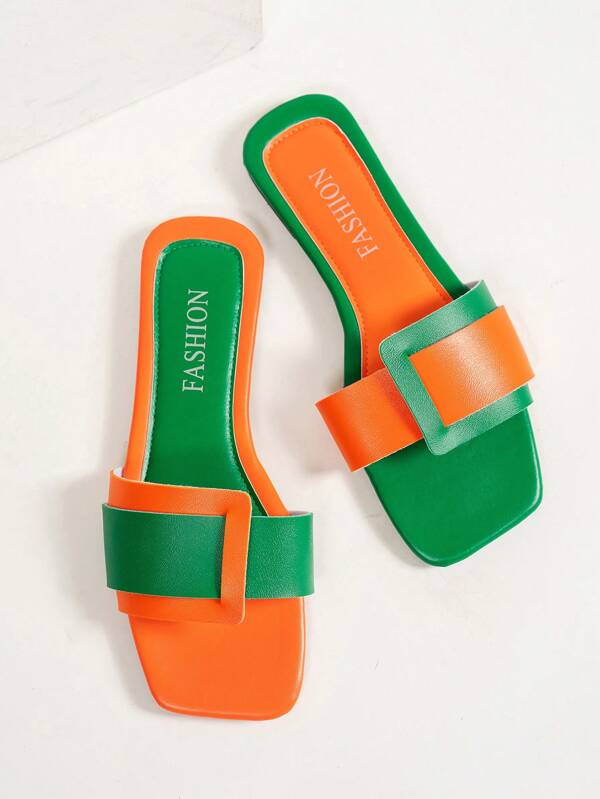 Women's Square Toe Flat Combination Color Geometric Sandals, Summer Outdoor Resort Style Slip-On Casual Fashion Slides