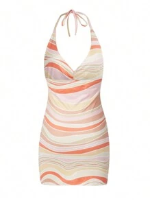 Women Fashion Halter Ripple Print Dress Stylish Sleeveless Backless Dress For Ladies Female - Orange Stripes - View 3