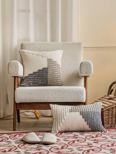 1 件装饰性腰背靠垫套，三色条纹毛绒，滚边设计，100% 涤纶面料，波西米亚风格枕套，适用于卧室、客厅、沙发