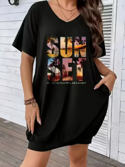 Plus Size Women V-Neck Short Sleeve Casual Dress For Summer