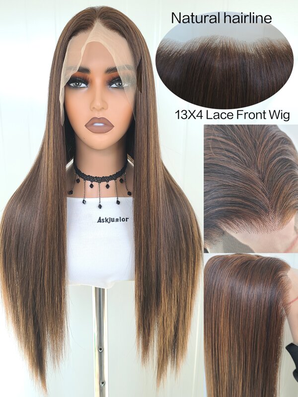 13x4 Lace Front Wig, Ombre Brown Color, 180 Density, High Definition Lace, Natural Looking Synthetic Lace Front Wig, Long Straight Hair, Heat Resistant Fiber, 28 Inches