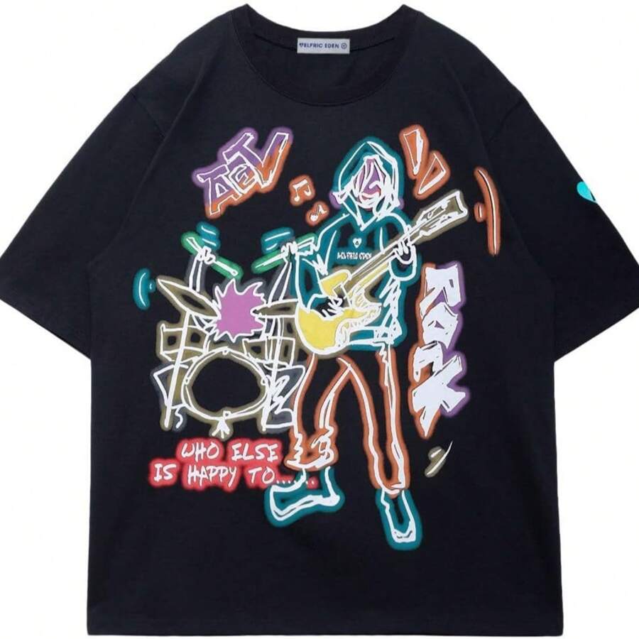 Aelfric Eden Graphic Tees Men Y2k Oversized T Shirts Women Hip Hop Character Vintage Tees Unisex Summer Tops - Black - View 1