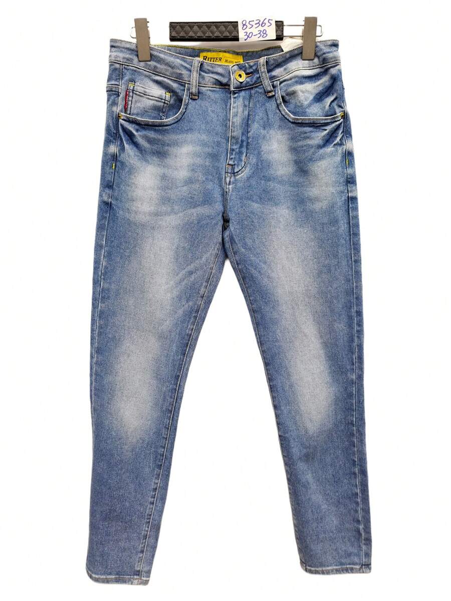 男士复古修身牛仔裤，高腰直筒宽松复古水洗蓝，秋季新品 - 中等水洗藍 - 查看 1