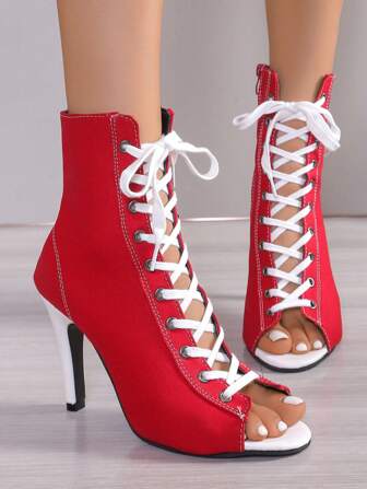 Zapatos de baile de tacón alto rojo y negro 2025, sandalias con punta abierta y cordones para tallas grandes, sandalias de gladiadora de tacón de aguja de moda, botines cortos calados de verano, tacones altos sexys
