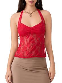 Women's Y2K Sexy Halter Tank Tops Slim Fit Lace See Through Backless Tie Up Sleeveless Vests Summer Going Out Crop Tops Streetwear Clubwear - 紅色 - 查看 2