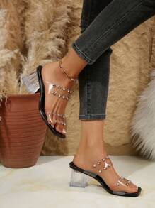 New Arrival Plus Size Women Square Toe Thick Heel Transparent Leather High Heel Sandals, Casual Versatile Elegant Ladies Shoes For Summer Valentines