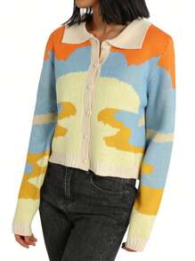 Women's Button Down Sweater Tops, Casual Long Sleeve Color Block Knitted Lapel T-Shirts - Blue - View 4