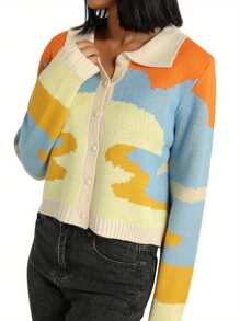 Women's Button Down Sweater Tops, Casual Long Sleeve Color Block Knitted Lapel T-Shirts - Blue - View 10