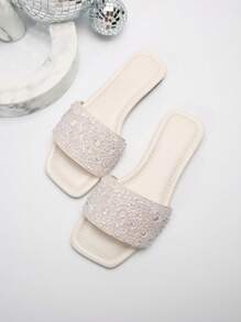 Sandálias femininas com tiras e strass, chinelos casuais versáteis para áreas externas, chinelos planos de plástico, dia dos namorados