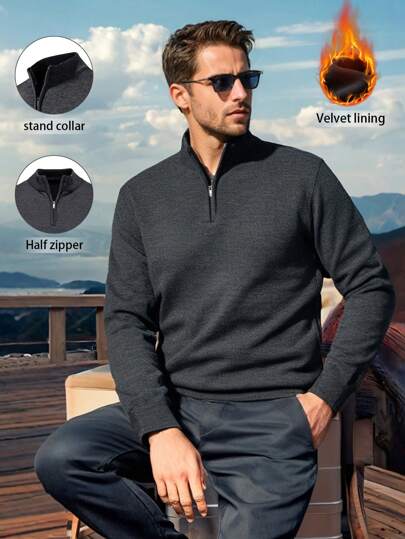 Men's Stand Collar Half Zip Close-Fitting Outdoor Thermal Knitted Sweater