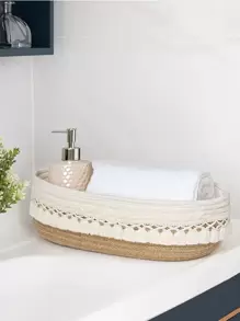 1pc Simple Handwoven Storage Basket With Tassel, Multipurpose Rope Organizer Box, Unique Bathroom Toilet Paper Holder, Elegant Double Handle Desktop Basket, Home Decor, Basket, Gift Basket, Basket For Gifts Basket, Can Storage, Basket, Diaper Bin, Pregnancy Pillow, Yellow, Pink, Kitchen Tools, Organizer Kitchen, Makeup Organizer, Wedding Items, Bohemian Rope Plant Pot Basket, Natural Mix Rattan Garden Decor, Metal Frame Boho Baskets For Outdoor Coastal Vibes,Geometric Basket