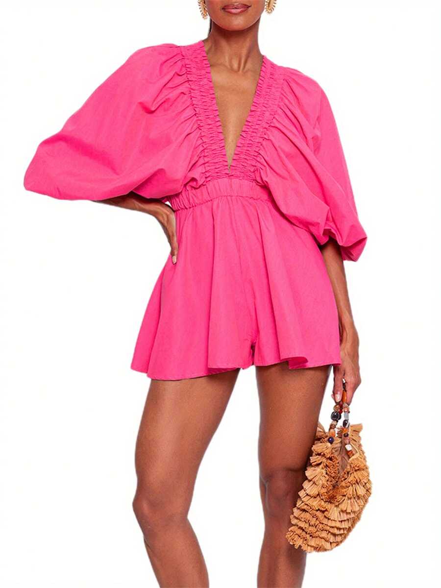 Women Deep V-Neck Rompers Solid Color/Plaid Bubble Sleeve Summer Short Jumpsuits Playsuits Streetwear - Hot Pink - View 1