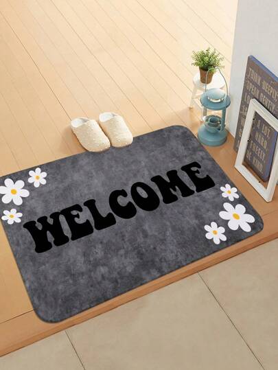 1pc Simple White Flower Print Doormat, Crystal Velvet Non-Slip Floor Mat, Indoor Kitchen Rug