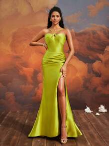 VIPGIRL 迷人的青柠色交叉肩带长礼服，高开叉缎面正式晚礼服，女士优雅派对礼服，性感及地舞会礼服，别致美人鱼礼服，女士正式晚礼服，婚礼宾客礼服 - 薑色 - 查看 6