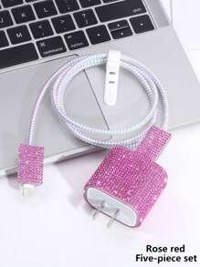 5pcs/Set Rhinestone Decor Charger Cover And Data Cable Protector Set, Charging Adapter Cover Compatible With Apple 18W/20W Fast Charger, Compatible With Iphone 16/15 Series Charger Protector