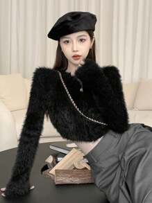 Women's Zip-Up Long Sleeve Stand Collar Short Fluffy Solid Color Fitted Cardigan, Suitable For Autumn And Winter