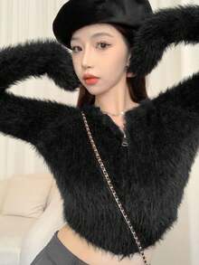 Women's Zip-Up Long Sleeve Stand Collar Short Fluffy Solid Color Fitted Cardigan, Suitable For Autumn And Winter