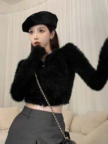 Women's Zip-Up Long Sleeve Stand Collar Short Fluffy Solid Color Fitted Cardigan, Suitable For Autumn And Winter