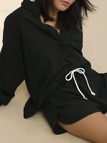 Sudaderas holgadas de unicolor con cuello de polo, botones y bolsillo, bajo dividido, estilo europeo y americano para otoño/invierno para mujeres - Negro - Ver 3