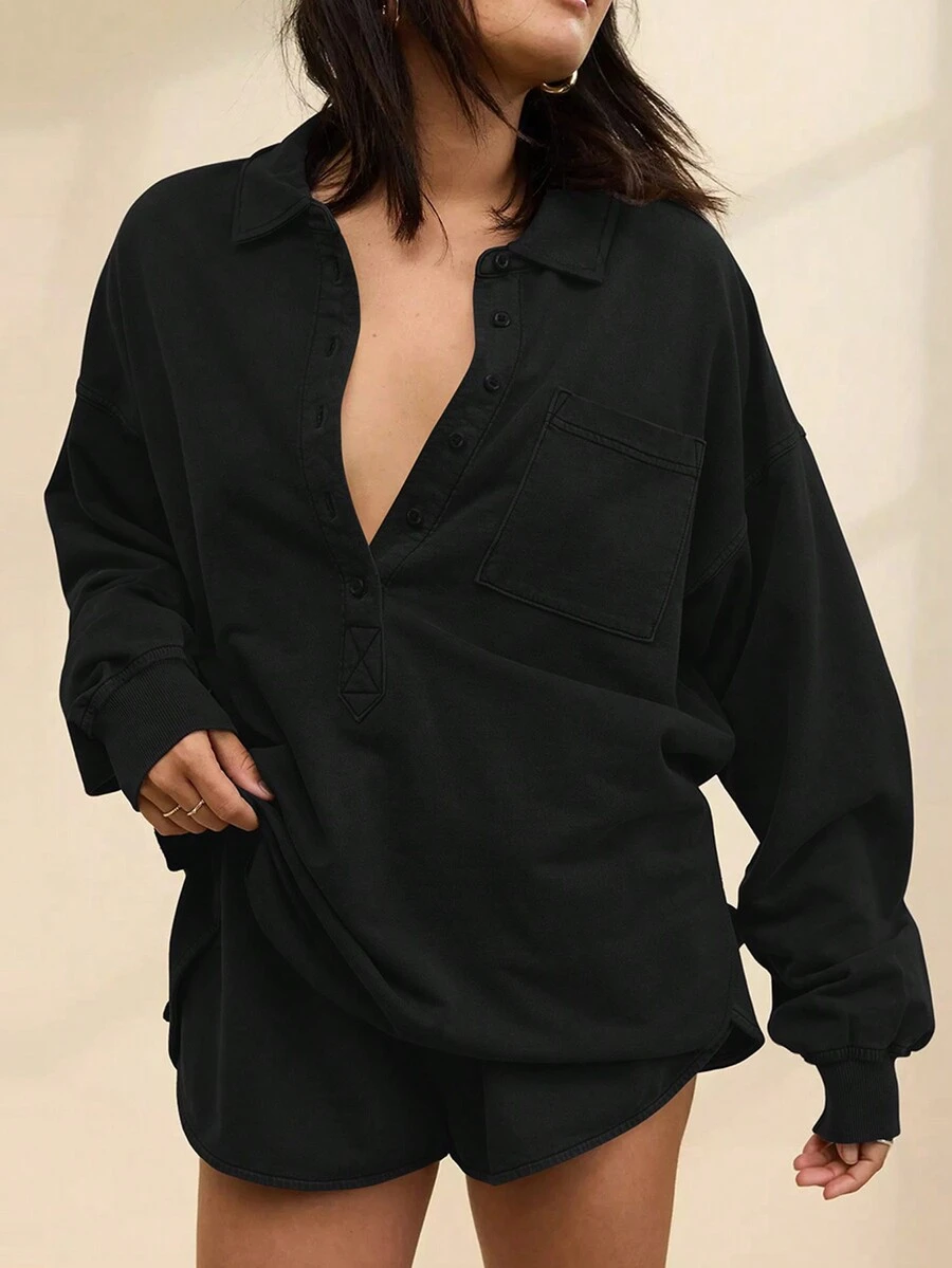 Sudaderas holgadas de unicolor con cuello de polo, botones y bolsillo, bajo dividido, estilo europeo y americano para otoño/invierno para mujeres - Negro - Ver 1