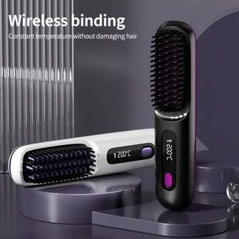 1pc Wireless Ceramic Hair Straightener Brush, Smoothing & Heat Protection, 3 Temperature Settings (160°C, 180°C, 200°C), Ionic Technology, LED Display, 2000mAh Rechargeable Battery, Portable Hair Styling Tool For Home, Travel, Holiday