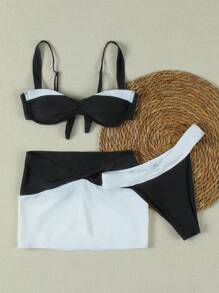 Bộ bikini 3 mảnh phối màu đen trắng tương phản, phong cách châu Âu và Mỹ, hàng mới về mùa xuân/hè, thích hợp cho bãi biển, kỳ nghỉ, tiệc tùng, hẹn hò. - Nhiều màu - Xem 5