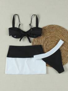 Bộ bikini 3 mảnh phối màu đen trắng tương phản, phong cách châu Âu và Mỹ, hàng mới về mùa xuân/hè, thích hợp cho bãi biển, kỳ nghỉ, tiệc tùng, hẹn hò. - Nhiều màu - Xem 6