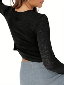 Women Button Up Shirt Casual Solid Color Sheer Long Sleeve Cropped Cardigan Blouse Streetwear Clubwear - Black - View 4