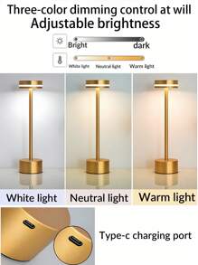 1 Đèn bàn LED cảm ứng kim loại hiện đại có thể điều chỉnh độ sáng, Đèn chiếu sáng xung quanh không dây di động, Đèn trang trí bàn cho phòng khách, phòng ngủ, quầy bar, 3 chế độ màu - Vàng - Xem 4