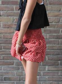 Women Mini Skirt, Elegant High Waist Pleated Printed Ruffled Layered Skirt Summer A-Line Skirt Streetwear - Red - View 4