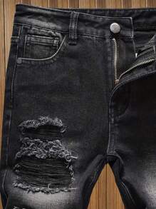 男童休闲松紧腰破洞锥形牛仔裤 - 黑色 - 查看 5