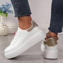 Women's Casual Versatile Sports Slip-On White Sneakers - Gold - View 3