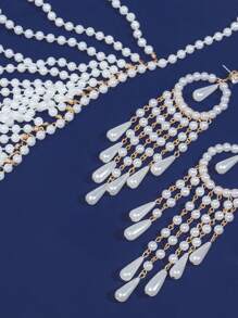 2pcs Elegant Multilayer (Faux) Pearl Handmade Braided Jewelry Set - Necklace And Earrings, Suitable For Daily Wear, Parties, Holidays, Perfect Gift For All Seasons - White - View 4