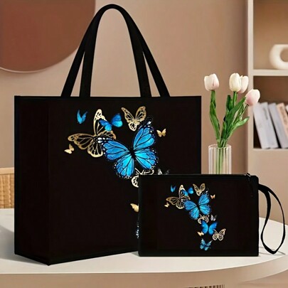 Conjunto de bolsa e carteira da moda com estampa de borboleta e floral, fecho magnético e alça de ombro ajustável - Projetado para compras e viagens