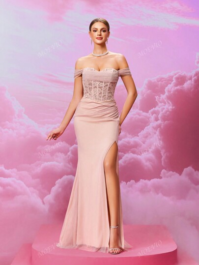 MOEVIO Vestido de festa longo, elegante, tomara que caia, com decote franzido, ombro de fora, corpete com cadarço, justo, fenda na coxa, formal, para festa de formatura, primavera, verão, férias, vestido de casamento, convidado de casamento
