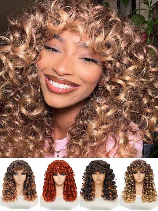DZfirst Christmas Synthetic Heat Resistant Wigs Bouncy Curls Wigs With Bangs Ombre Blonde 18 Inch Chemical Fiber Wig Bangs Wig Daily Used Easy To Wear Beginner Friendly Big Bouncy Fluff Curly Wigs