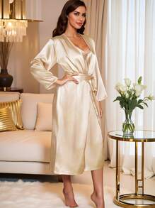 2 pezzi Set da notte per donna, composto da camicia da notte lunga e spallina, tinta unita, completo da camera da sposa