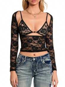 Women Y2K Mesh See Through Crop Tops With Bra Lace Floral Long Sleeve Slim Fit Low Cut T Shirt Sexy Sheer Going Out Blouse Tops Club Streetwear Summer Aesthetic Clothes - 黑色 - 查看 5