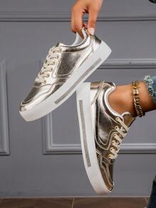 2024 新款防滑、耐用、缓冲、舒适、贴合的时尚白色女士滑板运动鞋 - 金色 - 查看 2