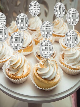 12 件复古迪斯科纸杯蛋糕装饰，纸杯蛋糕装饰品，适用于生日派对、节日聚会、主题活动、烘焙装饰