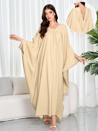 杏色 V 领褶皱后背 V 领系带女式日常休闲宽松大码中长袖连衣裙
