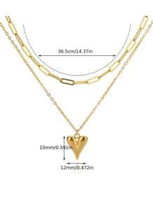 1 pieza Collar con colgante de corazón de acero inoxidable de doble capa, color dorado que no se desvanece, adecuado para uso diario - collar - Ver 7