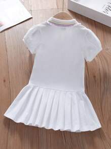 Young Girl's Casual Collar Heart & Rainbow Embroidered Short Sleeve Polo Dress, Summer - White - View 3