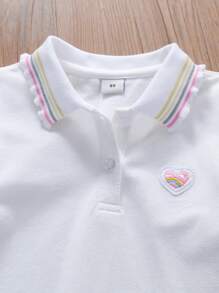 Young Girl's Casual Collar Heart & Rainbow Embroidered Short Sleeve Polo Dress, Summer - White - View 6