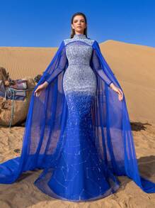 Faeriesty Haute Glamour Luxury Gorgeous Mock Neck Mermaid Hem Beaded Formal Cape Dresses & Evening Gowns - Royal Blue - View 2